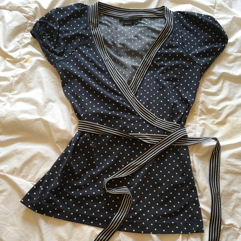 Navy blue and white polka dot Faux wrap blouse, XS